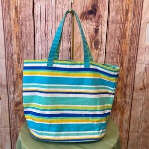 Beach Tote Colorful Green & Blue Striped with Pocket inside of Tote